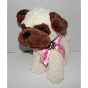 Hugfun Puppy Love Bulldog Dog Plush Cream Brown Pink Ribbon 12" Stuffed Animal